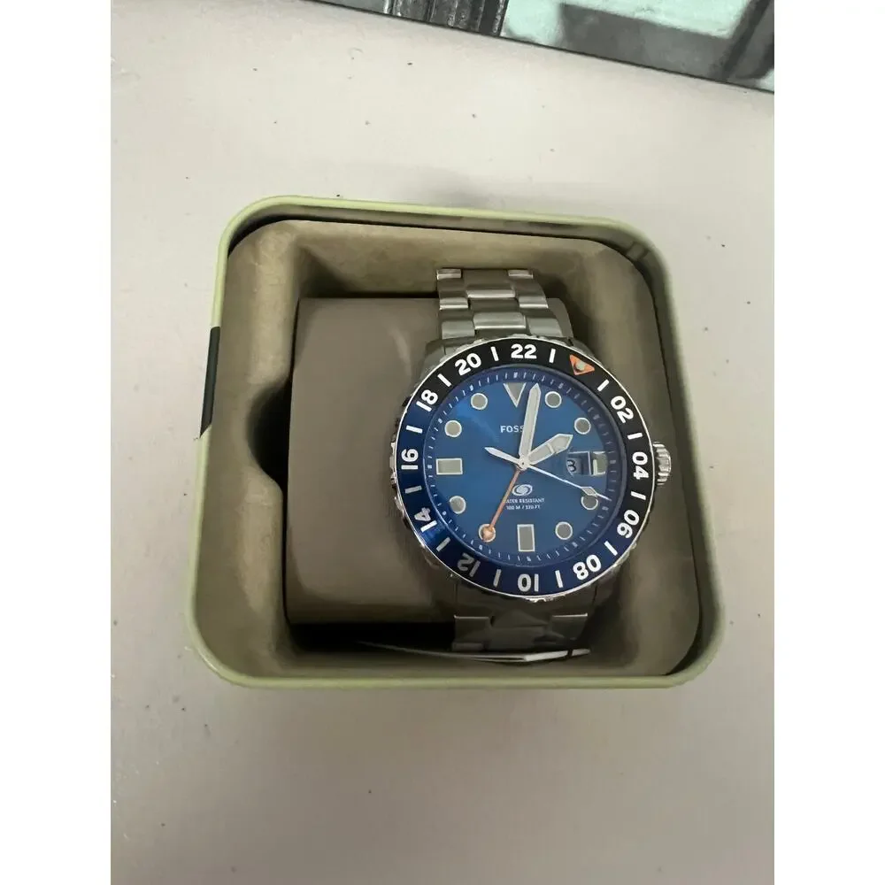 Fossil FS5991 GMT Men Watch 46mm Blue Dial Stainless Steel Dive Style Complete
